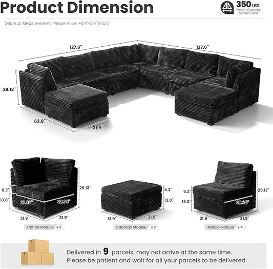 ovios Modular Sectional Sofa Couch with U-Shape Chaise Ottomans, Comfy Plush Corduroy Cloud Couches, Modern Luxury Deep Seat Sofas Set for Living Room, 9-Seater, Black
