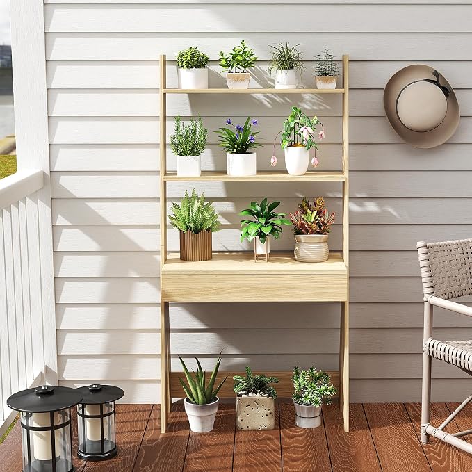 Tangkula Ladder Desk with Countertop & Drawer, Home Office Computer Laptop Table with Open Shelves & Anti-Tip Kits, Wall-Leaning Compact Working Station for Small Spaces (Natural)