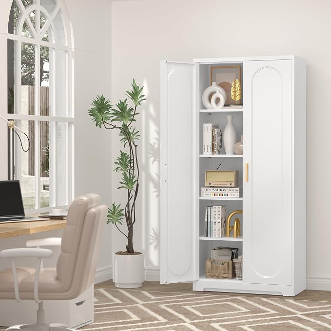 UNICOLY 71" Kitchen Pantry Cabinet, Pantry Storage Cabinet with Doors and 4 Shelves, Metal Storage Cabinets for Laundry Room, Living Room, Dinning Room, Assembly Required, White