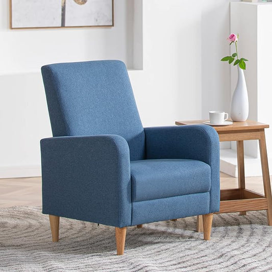 COLAMY Mid-Century Modern Upholstered Accent Chair with Back Pillow & Solid Wood Legs, Fabric Cozy Armchair for Living Room, Bedroom, Reading Nook, Apartment & Small Spaces, Blue
