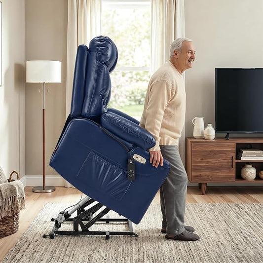 MCombo Oversized Power Lift Recliner Chair with Extended Footrest, Extra Wide for Big and Tall Elderly People, Faux Leather R7289 (Navy Blue, Medium-Wide)