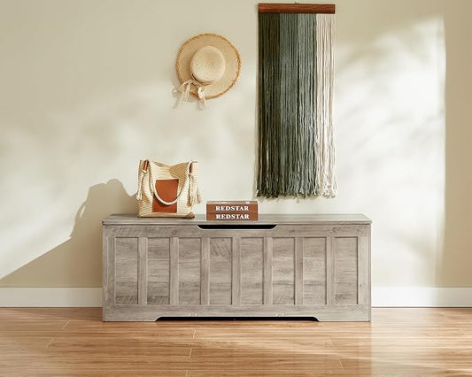 VANKILEY 51.2" Storage Chest Extra Large,Storage Bench with 2 Safety Hinges,Shoe Bench,51.2 * 15.7 * 19.1 inches,Wooden Trunk for Bedroom,livingroom,entryway,Supports 220 lb,Easy Assembly(Greige