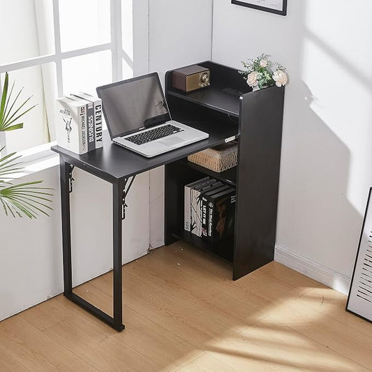 Foldable Desk,Hidden Desk with Storage and Built-in Socket,Mid Century Fold Out Table for Small Spaces,Home Office and Bedroom (Black)
