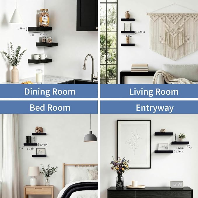 Floating Shelves for Wall, Bathroom Shelves Over Toilet, Wall Shelves & Book Shelf for Room, Hanging Shelf, Modern Wooden Wall-Mounted Small Floating Shelves, 12x7x1.5 in (Black, Set of 3)