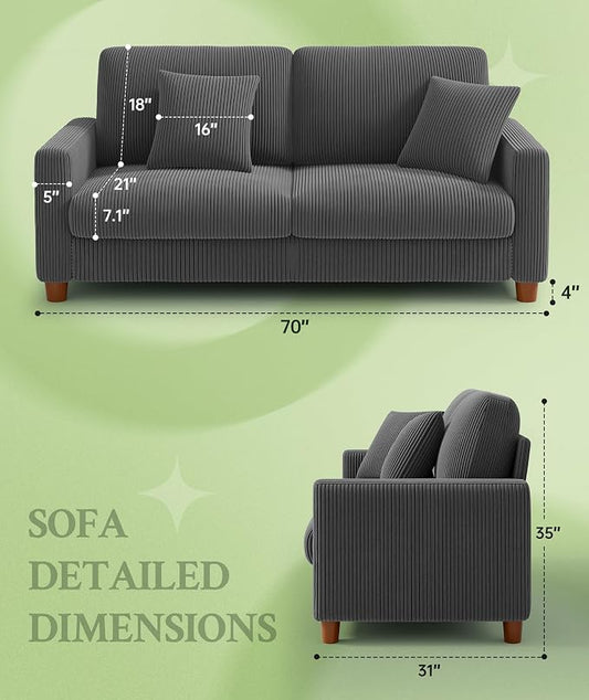 Welzona 70.2" Couches for Living Room, Comfy Grey Couch 7.1" Extra Thick Cushion, Sofas for Living Room Tool-Free Setup, Loveseat Sofa 705lbs Support, Corduroy Couch for Bedroom, Apartment, Office