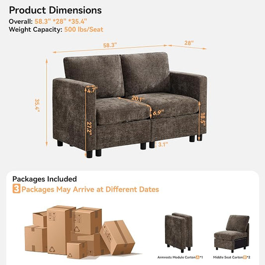WUTUTUEE 58'' Modular Sectional Loveseat Sofa, Modern Love Seat 2 Seater Sofa Couch with Storage, Chenille Modular Sectional Couch for Living Room, Bedroom, Office, Small Apartment, Brown