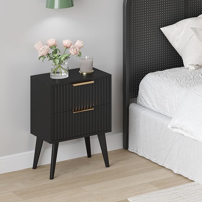 YAUKOMEL Black Nightstand,Mid Century Modern Bedside Table, Fluted Nightstand with 2 Drawers,Side Table with Wood Legs, End Table for Bedroom,Apartment,Dormitory,Small Space Black CTG55BK