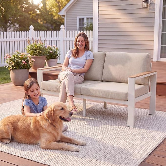 Aluminum Outdoor Loveseat,2-Seat Patio Furniture Loveseat with 1.5mm Thick Powder-Coated Frame, Anti-Hot Armrest & Waterproof Removable Cushions, Weather Resistant Outdoor Sofa for Backyard Porch