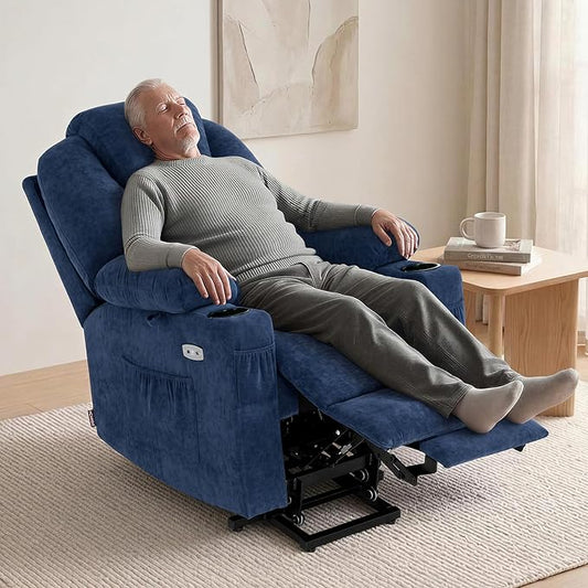 MCombo Power Lift Recliner Chair for Elderly, Lift Chair with Heat and Massage for Tall People, USB&Type C Ports, Extended Footrest, Cup Holders, Fabric 7516(Large,Admiral)