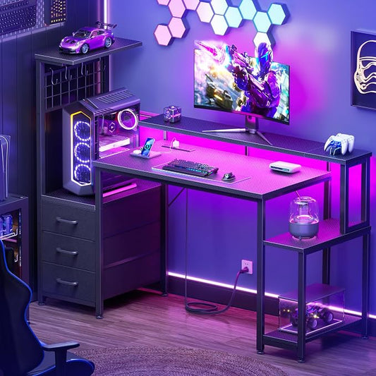 Korfile 48 Inch Gaming Desk with LED Lights & Power Outlets,Computer Desk with Fabric Drawers & Side Hook,Reversible Gamer Table with Monitor Stand for Game Room,Home Office,Carbon Fiber Black