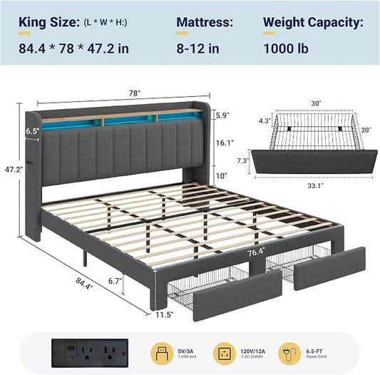 Allewie King Size Bed Frame with 2-Tier LED Storage Headboard, Upholstered King Platform Bed Frame with 2 Storage Drawers, USB & Type-C Charging Ports, Noise-Free/No Box Spring Needed, Dark Grey