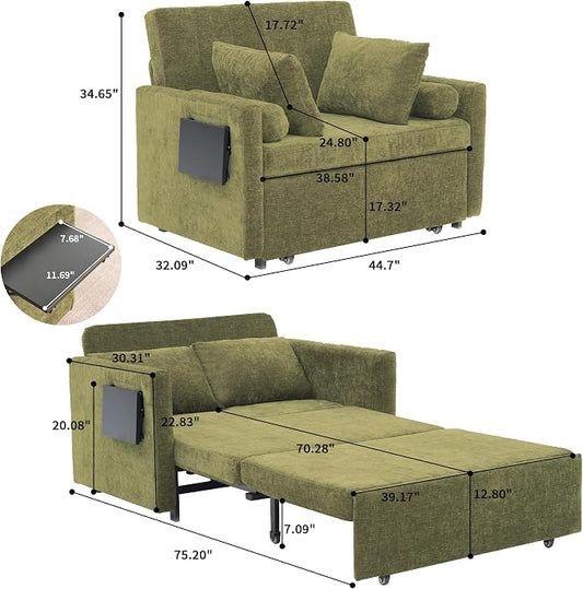 45" Oversize 3-in-1 Sleeper Chair Pull Out Bed, 75" Long Single Sleeper Sofa Bed with Wing Table and Side Pocket for Living Room, Bedroom, Small Space, Green