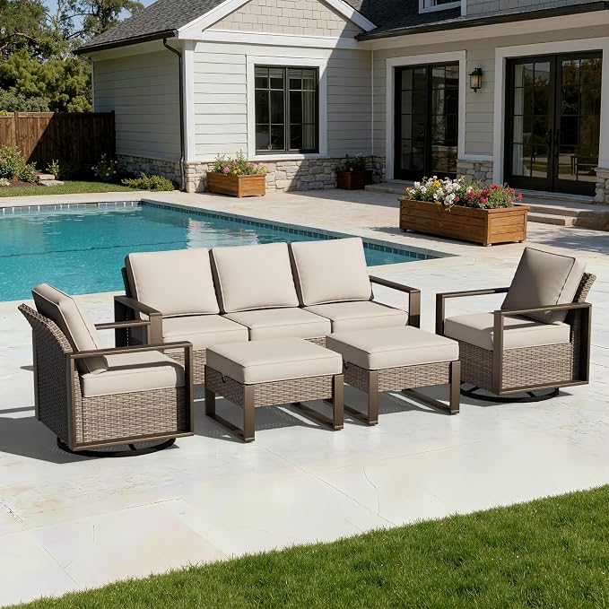 Outdoor Patio Swivel Rocker Chairs, 5 Pieces Wicker Furniture Set, 2 Swivel Rocking Chairs, 1 Sofa and 2 Ottoman, Metal Wide Armrest, Thick Cushions and Deep Seating for Garden, Backyard, Porch, Deck