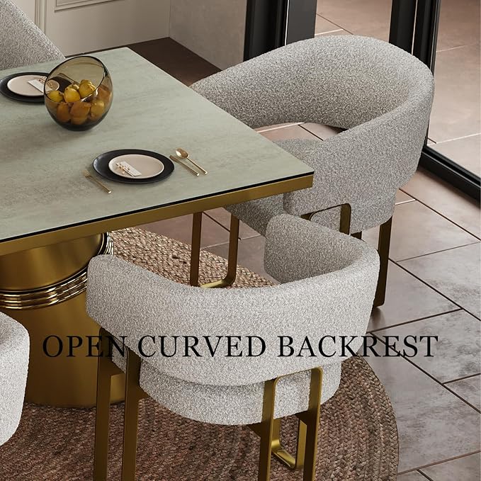 Dining Chairs Set of 2, Luxury Off White Boucle Upholstered Barrel Dining Room Chairs with Armrest & Brushed Gold Metal Frame for Kitchen