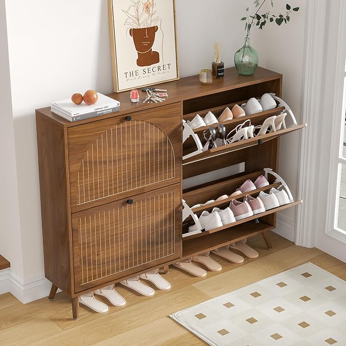 Fsbecl Shoe Storage Cabinet for Entryway with 4 Flip Drawers, Narrow Shoe Organizer with Fluted Panel, Freestanding Wood Hidden Shoe Cabinet (Walnut, 4 Flip Drawers)
