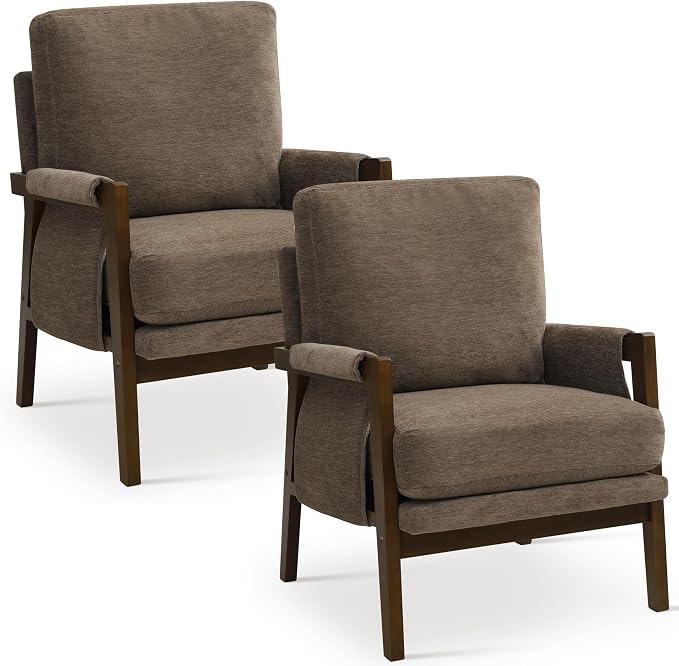 RNKSFX Dark Brown Accent Chairs for Living Room Set of 2, Modern Arm Chairs for Bedroom, Wooden Upholstered Mid Century Accent Chairs, Fabric