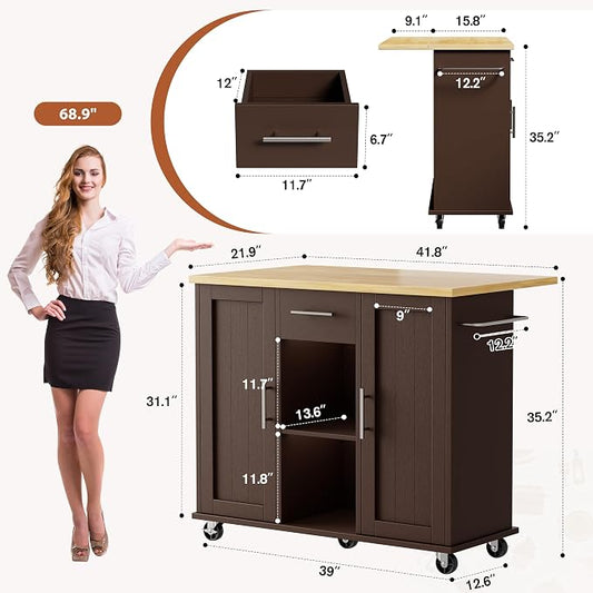 JY QAQA 42" Kitchen Island with Storage on Wheels, Rolling Table with Drop Leaf, Drawers, Cart Handle for Towel Rack or Free Movement, Brown