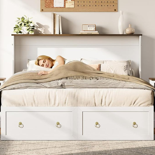 Yoobure Queen Murphy Bed with Charging Station - Rattan Queen Bed Frame with Storage Drawers, Wood Cabinet Beds for Guest Bedroom, Living Room, Office, Farmhouse Hideaway Beds with Foldable Platform