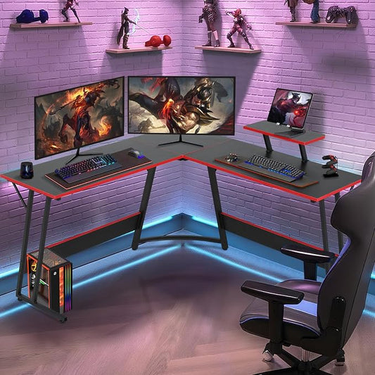 51 Inch L Shaped Gaming Desk Corner Computer Desk with Detachable Monitor Stand for Home Office Learning Gaming Workstation,Black
