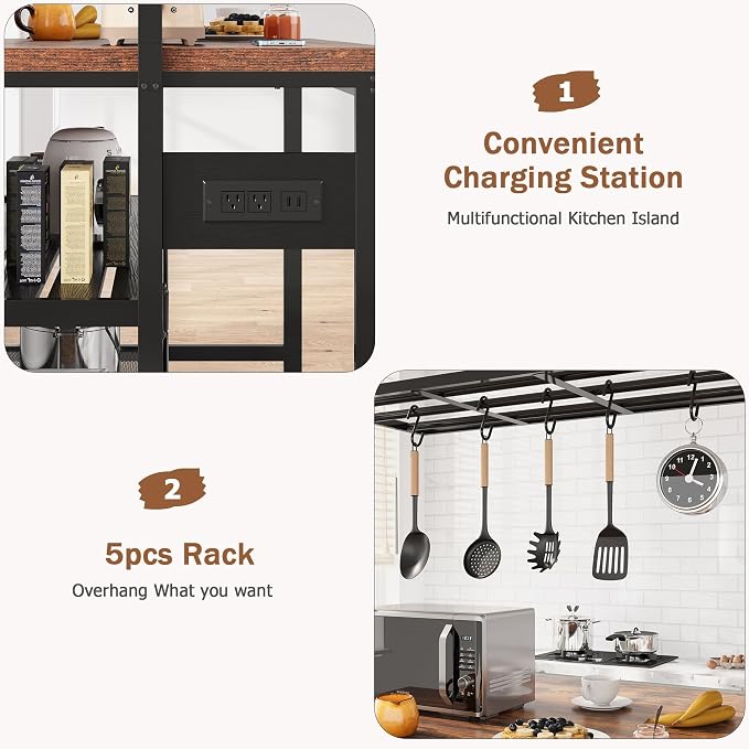 GarveeHome 47 in Kitchen Island with Power Outlet & Storage - Large Bakers Rack, Microwave Stand with 3-Tier Shelves & 5 Hooks for Pantry Organization