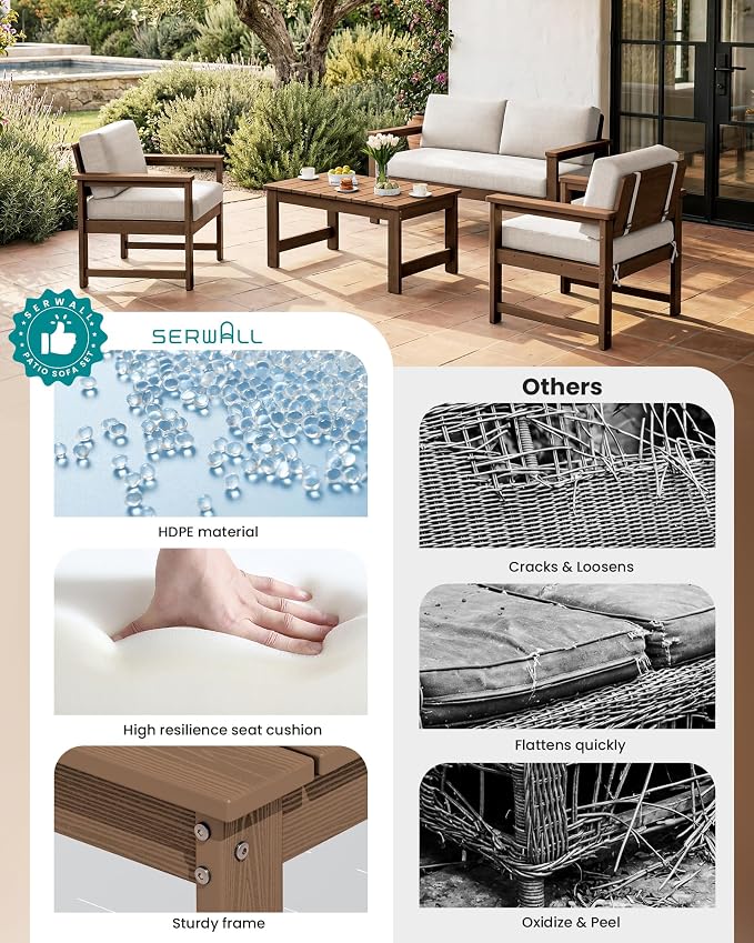 SERWALL 2 Pieces Single Cushioned Lounge Chair, HDPE Outdoor Adirondack Sofa Armchair with Cushion, Brown Frame/Khaki Cushion