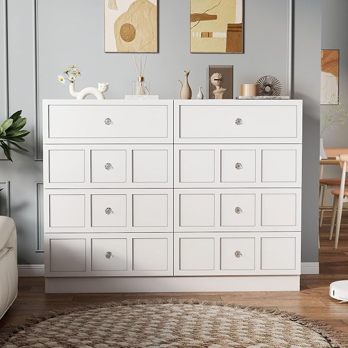 8 Drawer Dresser for Bedroom: 47" White Wide Tall Dressers for Bedroom, Modern Fluted Dresser with Deep Drawers, Wooden Chest of Drawers for Living Room