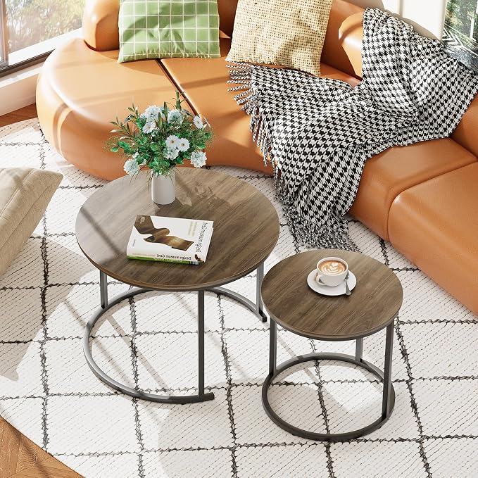 aboxoo Coffee Table Nesting Side Round Table Set of 2 End Table with Sturdy Metal Frame for Living Room Bedroom Apartment Modern Industrial Simple Nightstand,Oak