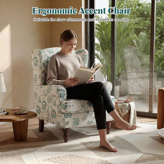 EROMMY Floral Accent Chair, Comfortable High Back Upholstered Armchair with Solid Wood Legs, Leisure Single Sofa Chair for Living Room, Home Office, Bedroom, Light Cyan Floral