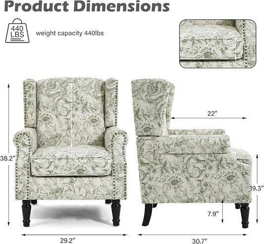 High Back Accent Chair, Fabric Upholstered Armchair for Living Room, Floral Printed Wingback Arm Chair with Solid Wood Legs, Retro Nailhead Trim Single Sofa Bedroom Reading Seat - Rococo Green