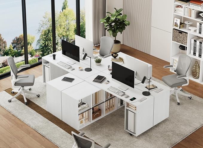 BOSHIRO White L-Shaped Computer Desk Table with Charging Station–Small Study Writing Desk with Backless Storage Shelves, 67” Bedroom Side Table & 360°Rotating Desk