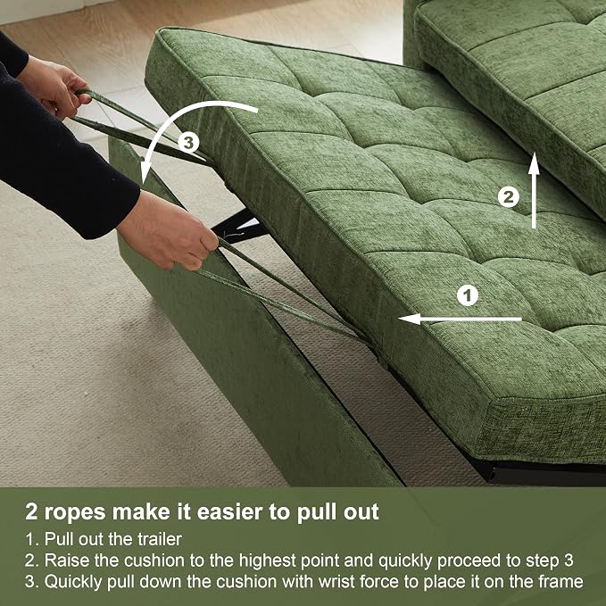 Tbfit 57" Loveseat Sleeper Convertible Sofa Bed, Futon Couch with Pullout Bed, USB & Adjustable Backrest, Chenille Full Size Pull Out Couches for Living Room, Apartment, Office, Dorm, RV, Green