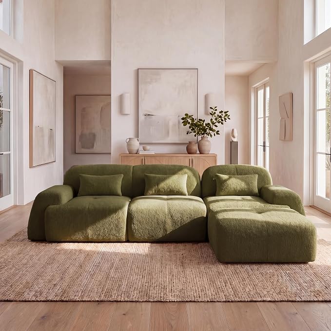 118'' Modular Sectional Cloud Couch Boneless Couches, Oversize Curved Sectional Couches for Living Room, Deep Seat Couch Lambswool Sofa with Ottoman & Throw Pillows, No Assembly, HR Foam