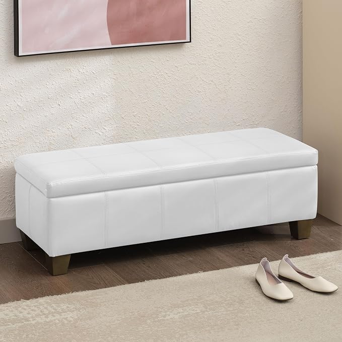 51 Inch Storage Ottoman, Storage Bench with Safety Hinge, Upholstered Synthetic Leather Ottoman Bench for Bedroom, Living Room, Entryway, Hallway, Foot Rest, Support 500lbs