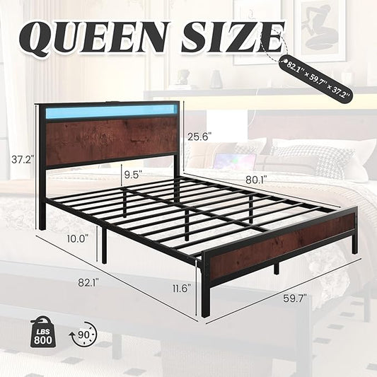 Fluest Queen Bed Frame with Headboard & Footboard, Bed Frame with Built-in Charging Station & LED Light, Storage Shelf, Noise-Free, No Box Spring Needed, Easy Assembly, Coffee Brown