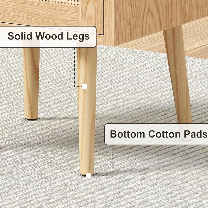 MECHYIN Night Stand Set 2, Nightstands Set of 2 with Charging Station, Rattan Side Tables with Solid Wood Legs, Boho Bedside End Table for Apartment Bedroom Dorm Small Space