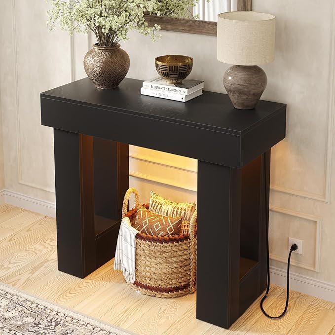 Unikito 39" Entryway Table with Socket and Sensor Light, Narrow Console Table with Storage Behind Couch, Farmhouse Entryway Table for Hallway, Behind the Couch, Living Room, Foyer, Black