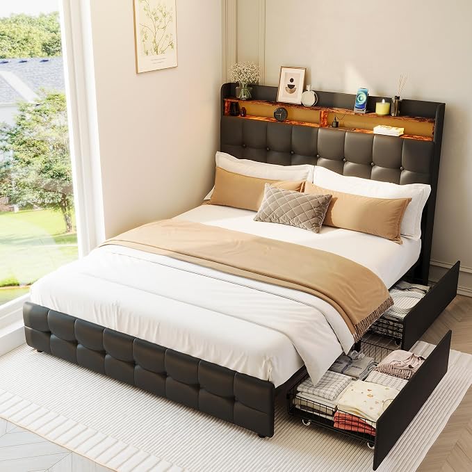 Garvee Queen Size Bed Frame with 2 Storage Drawers, Upholstered Bed Frame Queen with LED Light, Double-Layer Bedside Headboard with Charging Socket and USB Port, PU Leather, Black