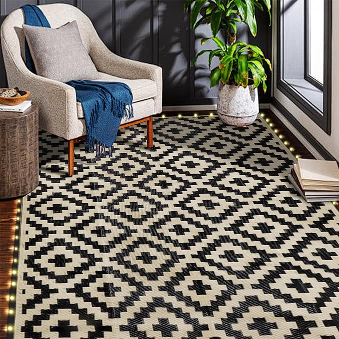 SAND MINE Reversible Mats with Led Strip Lights, Plastic Straw Rug, Modern Area Rug, Large Floor Mat for Outdoors, Patio, Backyard, Deck, Picnic, Camping, Black & Beige, 5' x 8'