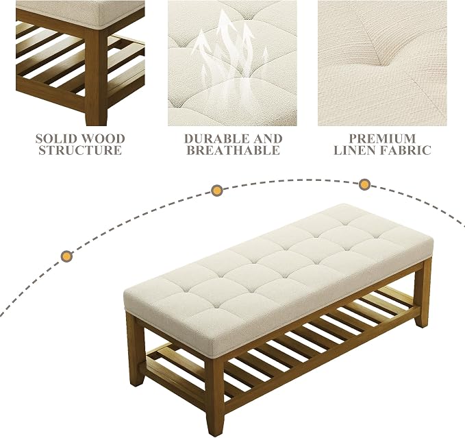 Befurtori Large Rectangular Upholstered Ottoman Bench, Linen Tufted Footrest Ottoman with Solid Wood Shelf Storage Coffee Table for Bedroom Living Room, Ivory