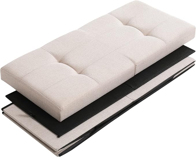 Storage Ottoman Bench Foldable Seat Footrest End of Bed Ottoman with Flipping Lid for Living Room, 75L, 30 inches Linen Fabric Beige