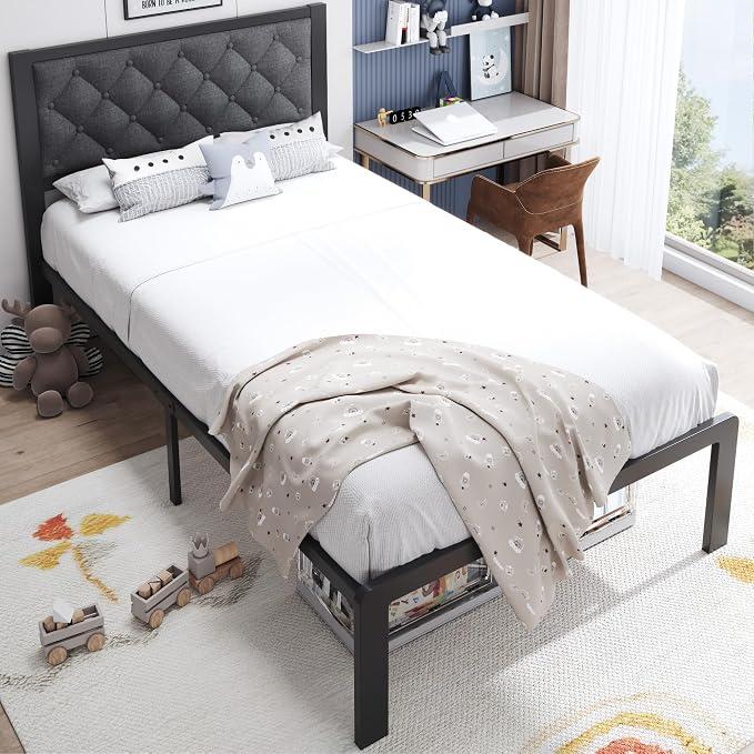 HISOFT Twin Bed Frame with Upholstered Button Tufted Headboard, Bed Frame Platform Metal Slats Support, Under Bed Storage, No Box Spring Needed, Noise-Free, Easy Assembly, Grey