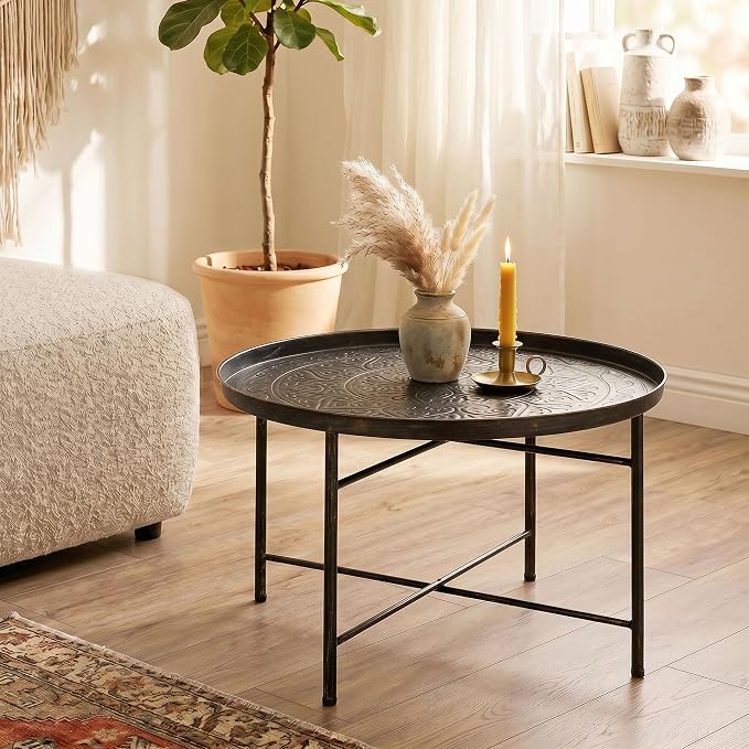 HOMCOM 24" Round Coffee Table with Hammered Tray Top, Vintage Metal Center Table for Living Room, Bedroom, Side Table, Pewter