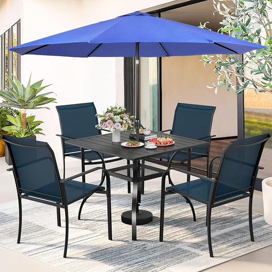 SUNCROWN 6 - Piece Outdoor Dining Set, Patio Furniture Set with 4 Textilene Dinning Chairs, 1 Steel Slat Metal Bistro Table and 1 Dark Blue 9Ft Patio Umbrella for Lawn Garden Backyard Deck, Dark Blue