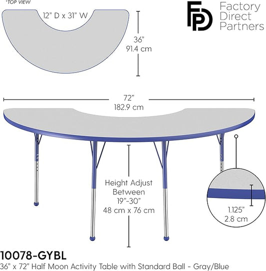 FDP Half Moon Activity School and Office Table (36 x 72 inch), Standard Legs with Ball Glides for Collaborative Seating Environments, Adjustable Height 19-30 inches - Gray Top and Blue Edge