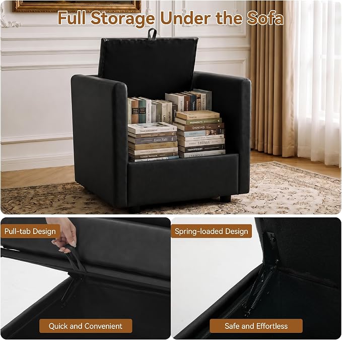 30" Black Faux Leather Sofa Chair, Single Cloud Accent Chair with Storage | Modern Upholstered Deep Seat Sofa Chair, Comfort for Reading, Lounging, and Small spaces, Armchair for Living Room, Bedroom