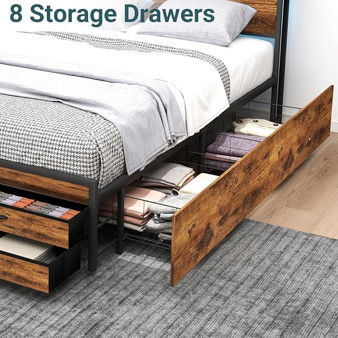 Zevemomo Queen Bed Frame with 8 Storage Drawers, Queen Metal Bed Frame with LED Light and Charging Station, Heavy Duty Metal Slats, No Box Spring Needed, Rustic Brown