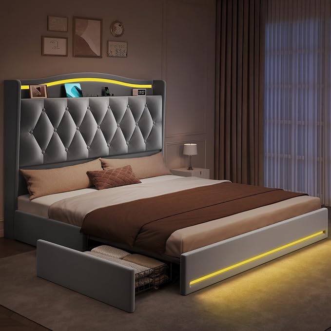 YITAHOME Queen Size Bed Frame with 4 Storage Drawers and RGB LED Lights, 57'' Tall Headboard Velvet Upholstered Bed with Charging Station, No Box Spring Needed, Easy Assembly, Noise-Free, Grey