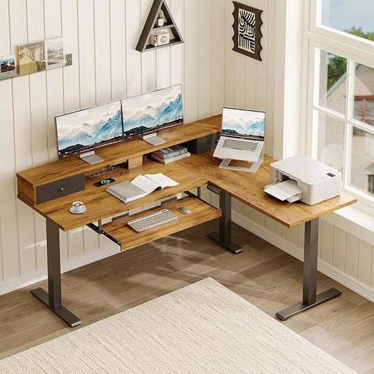 Casaottima 59 Inch Electric L-Shaped Standing Desk with Drawers, Height Adjustable Stand Up Corner Desk with Monitor Stand & Keyboard Tray, Lift Table for Home Office, Workstation, Rustic Brown