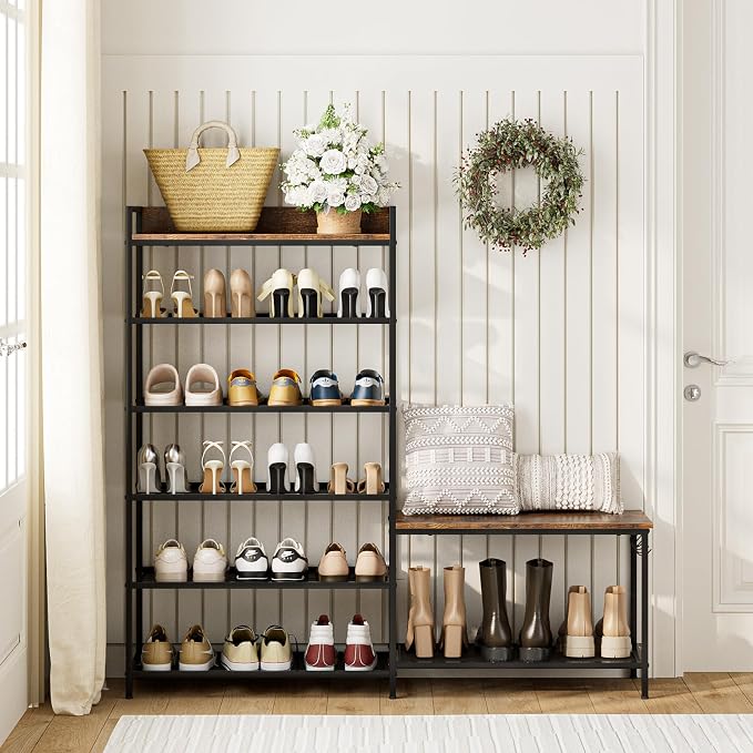 Shoe Rack Bench Storage Organizer for entryway,6-Tier Industrial Free Standing Shoe and Boot Racks with Seat,Entrance Shoe Rack Organizer Shelves for High Heels,Hallways, Closets,Brown,48.7in