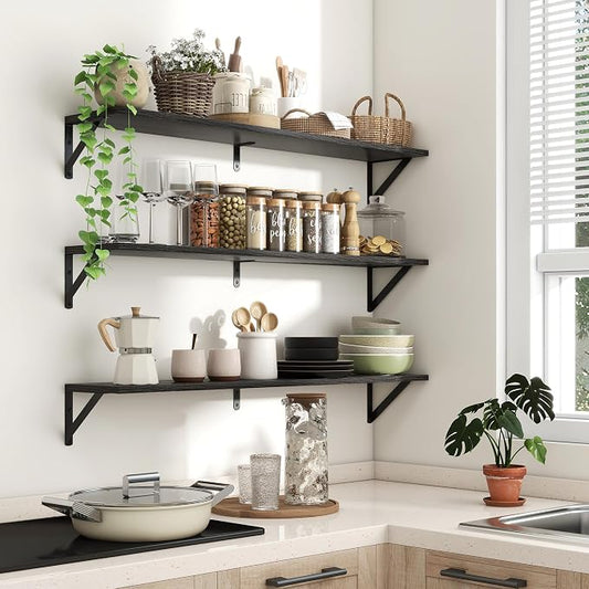 Axeman 40 Inch Floating Shelves, 8'' Deep Black Wall Shelves Set of 2, Rustic Wood Bookshelf, Floating Shelves for Bathroom Living Room Home Office Kitchen
